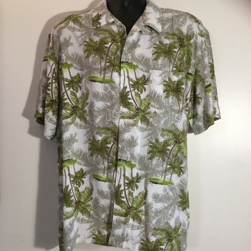 SOLD —HAWAIIAN XL FLORAL green tan PRINT 100% soft rayon
